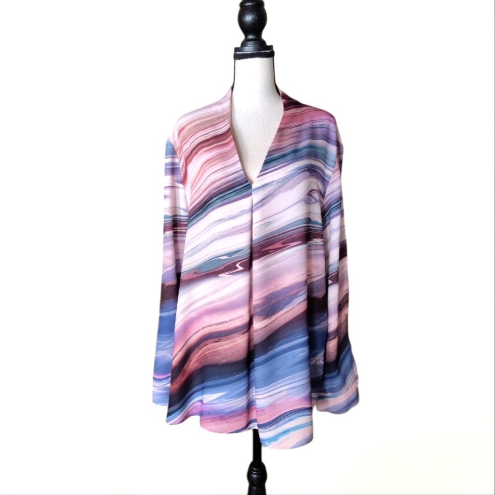 Chico's Stone-Stripes Print Pleated V-Neck Pullover